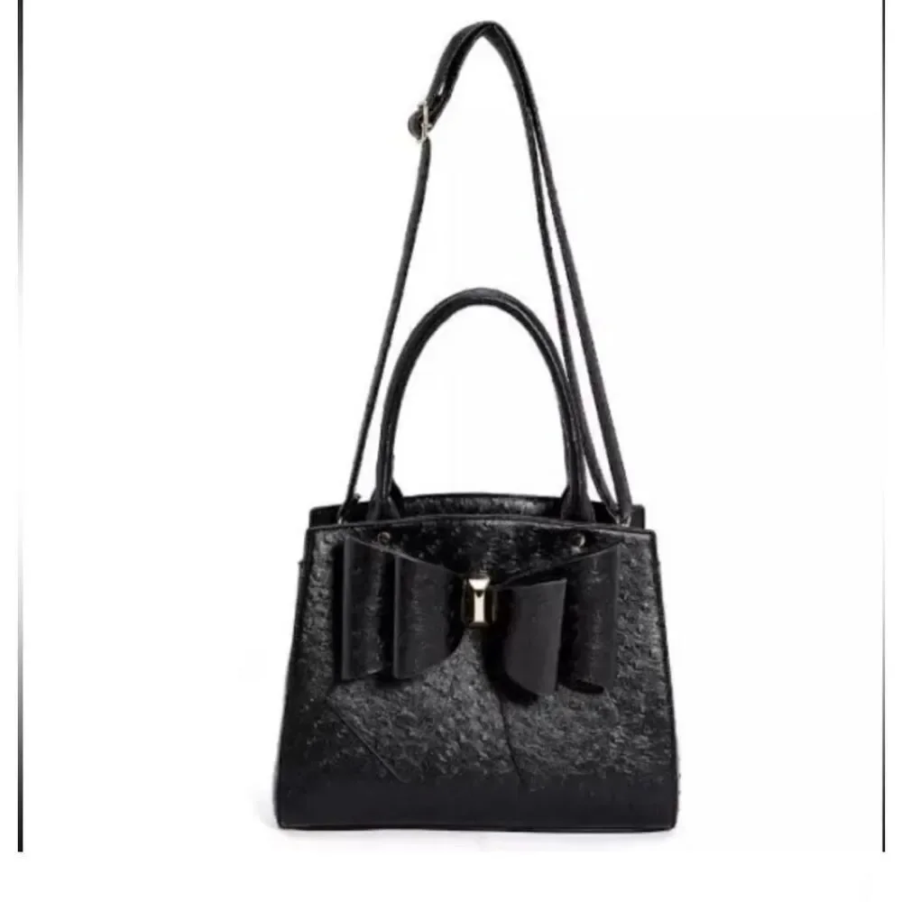 Grossi Faux Ostrich Vegan Leather Satchel: Elegant Black Double Bow